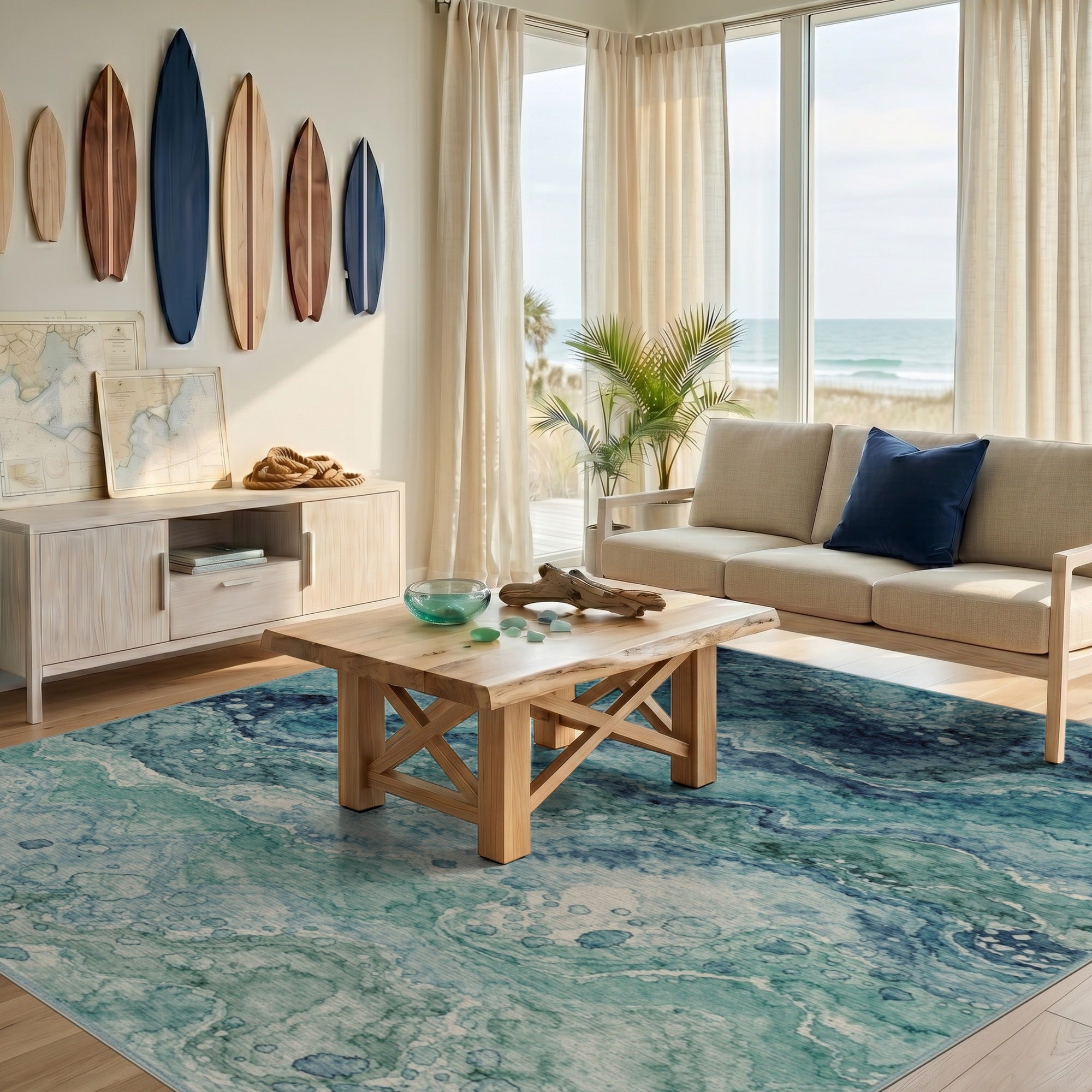 Blue Teal Abstract Marble Area Rug