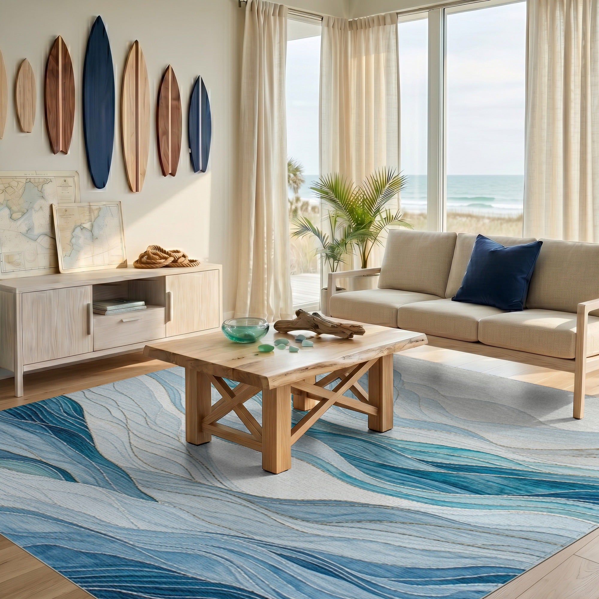 Abstract Blue Teal Wave Mountains Area Rug