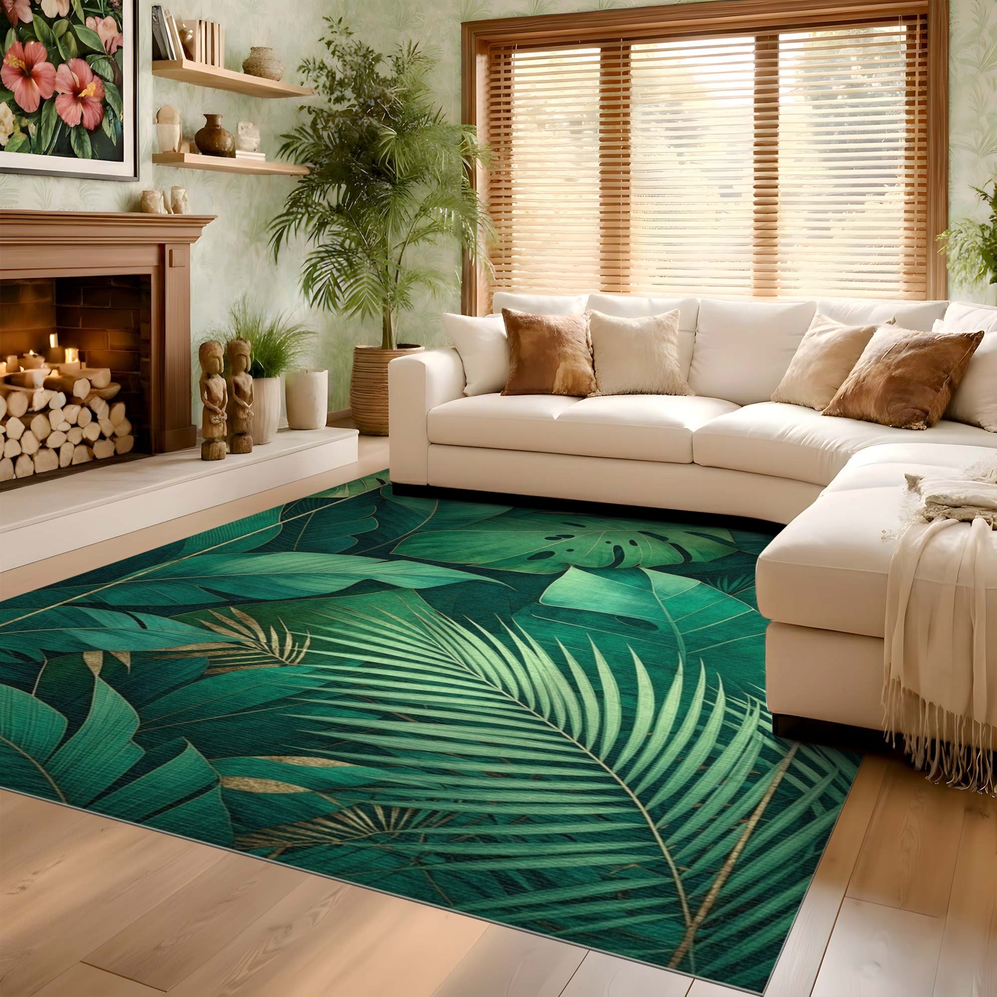ODIKA Washable Tropical Leaf Emerald Green Area Rug, Non-Slip Low Pile Decor