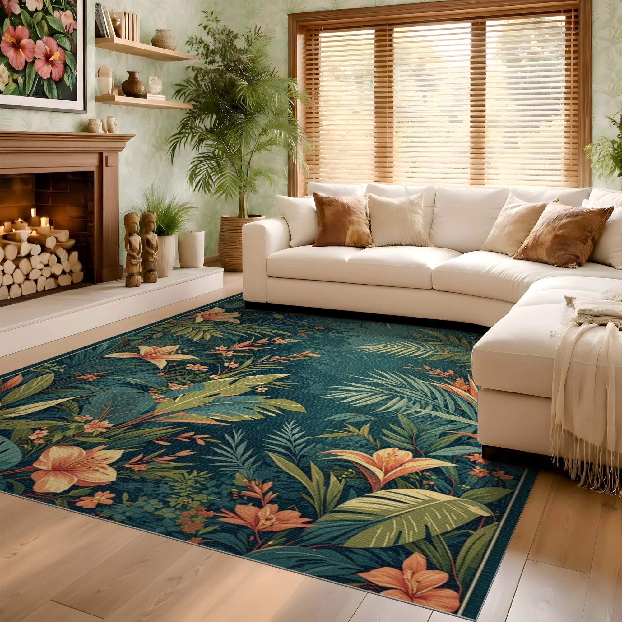 ODIKA Washable Tropical Botanical Floral Area Rug - Low Pile Non-Slip