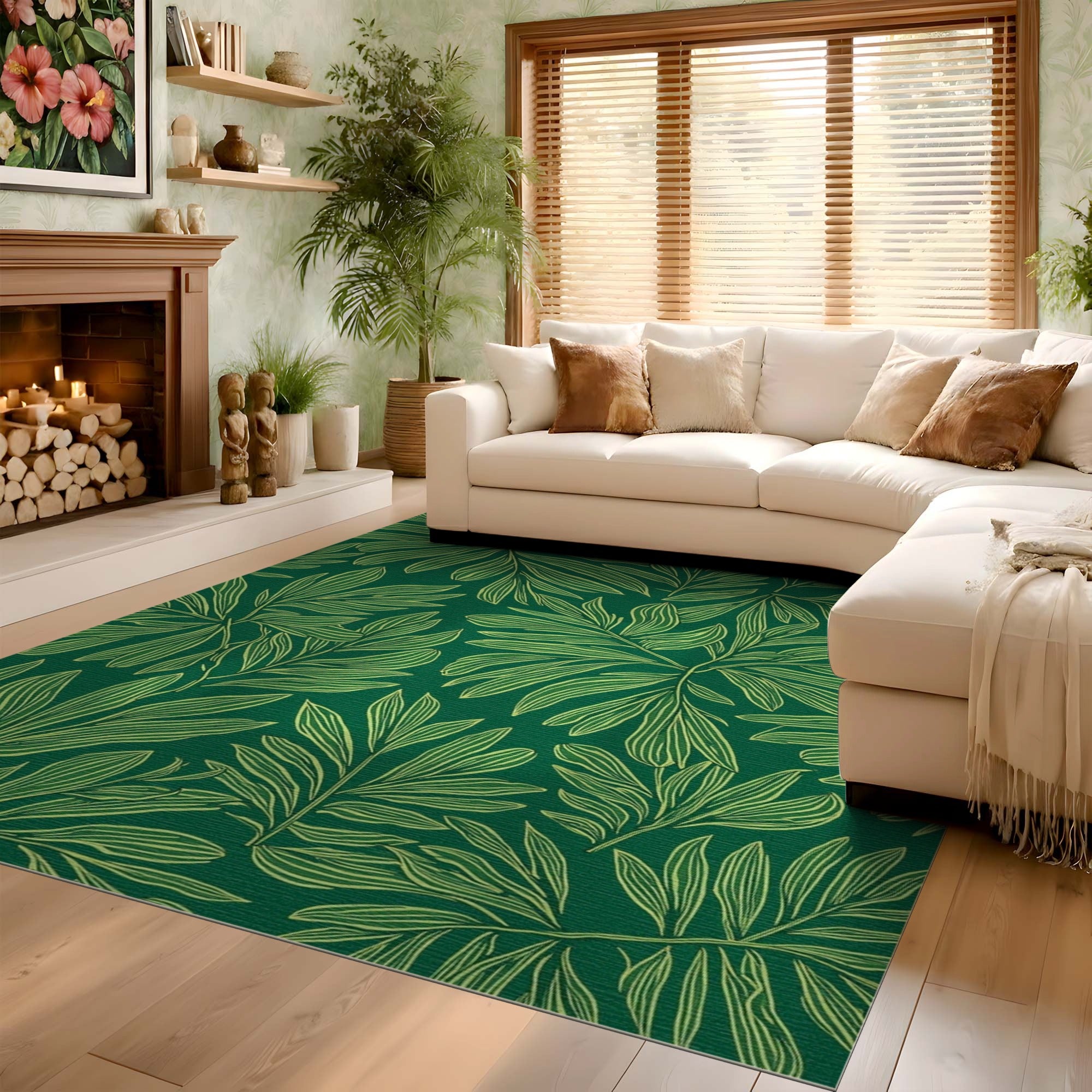 ODIKA Washable Green Tropical Leaf Area Rug - Non-Slip Low Pile Botanical Carpet