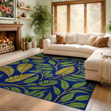 ODIKA Washable Navy Blue Tropical Leaf Area Rug - Low Pile Non-Slip Botanical Carpet
