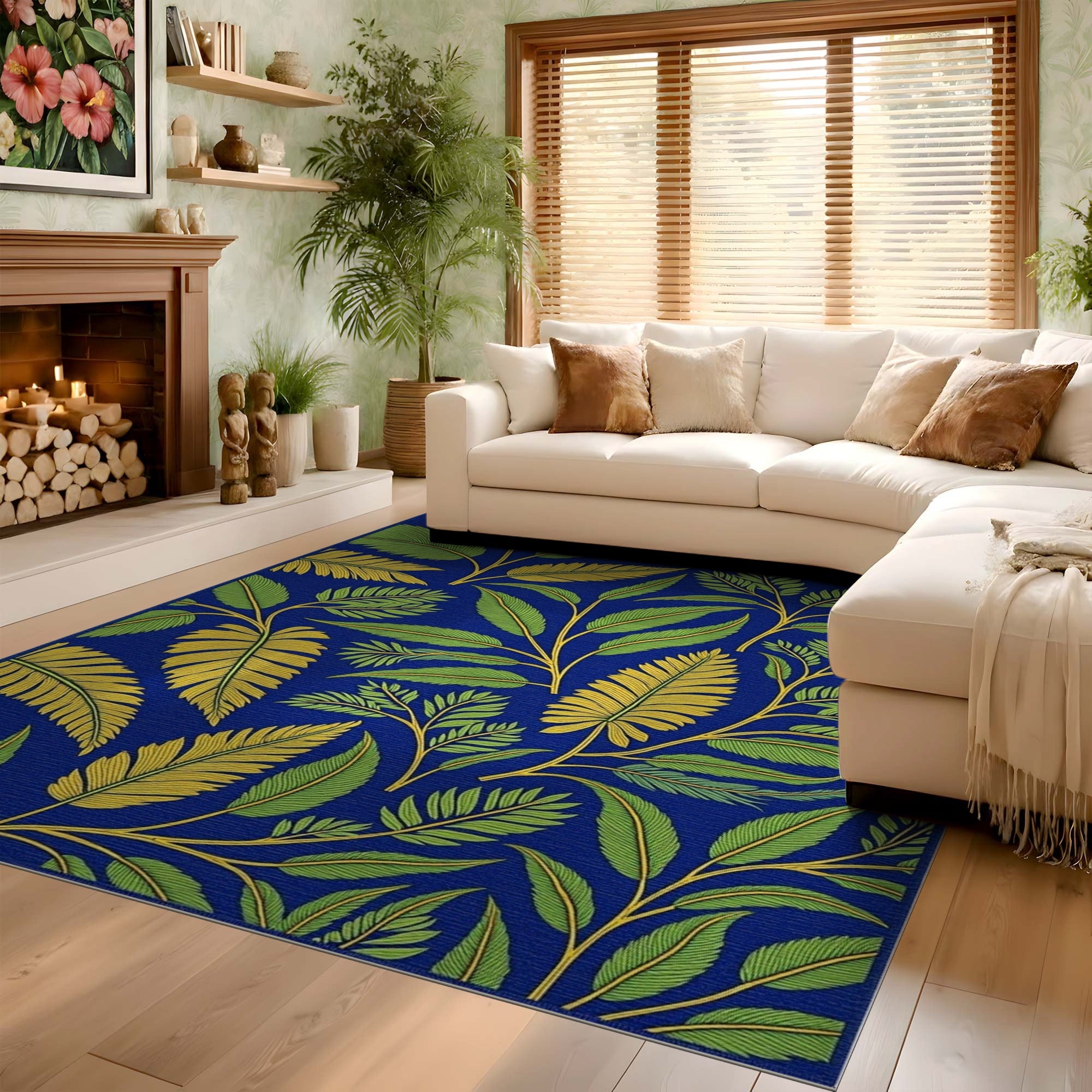 ODIKA Washable Navy Blue Tropical Leaf Area Rug - Low Pile Non-Slip Botanical Carpet