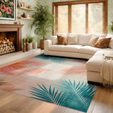 ODIKA Tropical Palm Leaf Washable Area Rug - Teal & Coral Abstract Low Pile Non-Slip Rug