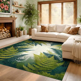 ODIKA Washable Green Fern Botanical Area Rug - Low Pile, Non-Slip, Pet & Kid Friendly Forest Leaf Print