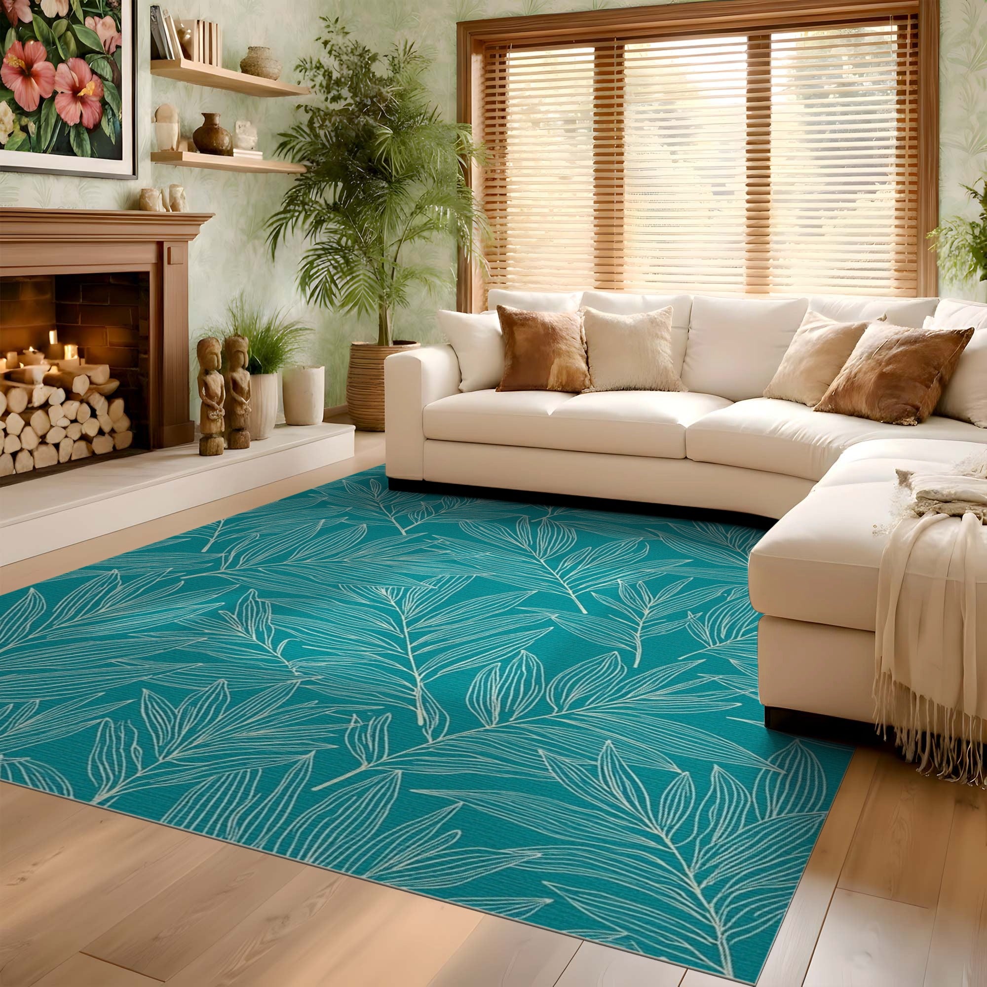 ODIKA Washable Tropical Leaf Teal Area Rug - Non-Slip Low Pile Botanical Carpet