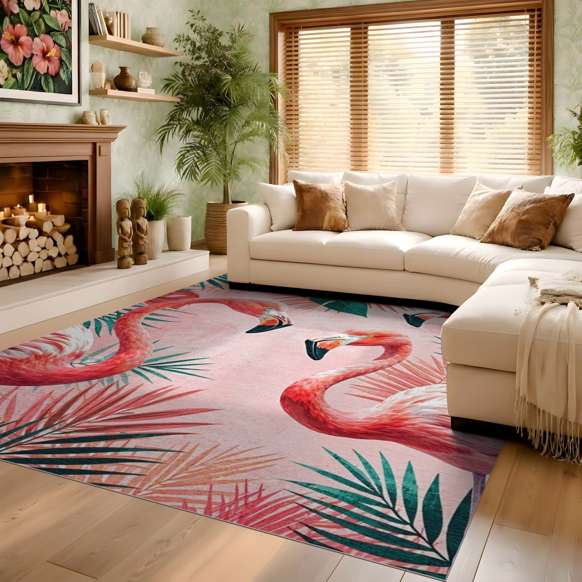 ODIKA Tropical Flamingo Pink & Teal Palm Leaf Washable Area Rug - Low Pile Non-Slip Floor Mat