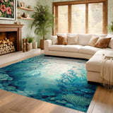 ODIKA Ocean Coral Reef Washable Area Rug - Teal Blue Coastal Low Pile Rug