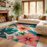 ODIKA Tropical Hibiscus Floral Washable Area Rug - Low Pile Non-Slip Machine Washable Carpet