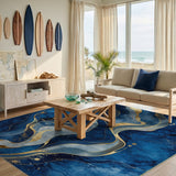 Abstract Navy Blue Gold Wave Area Rug