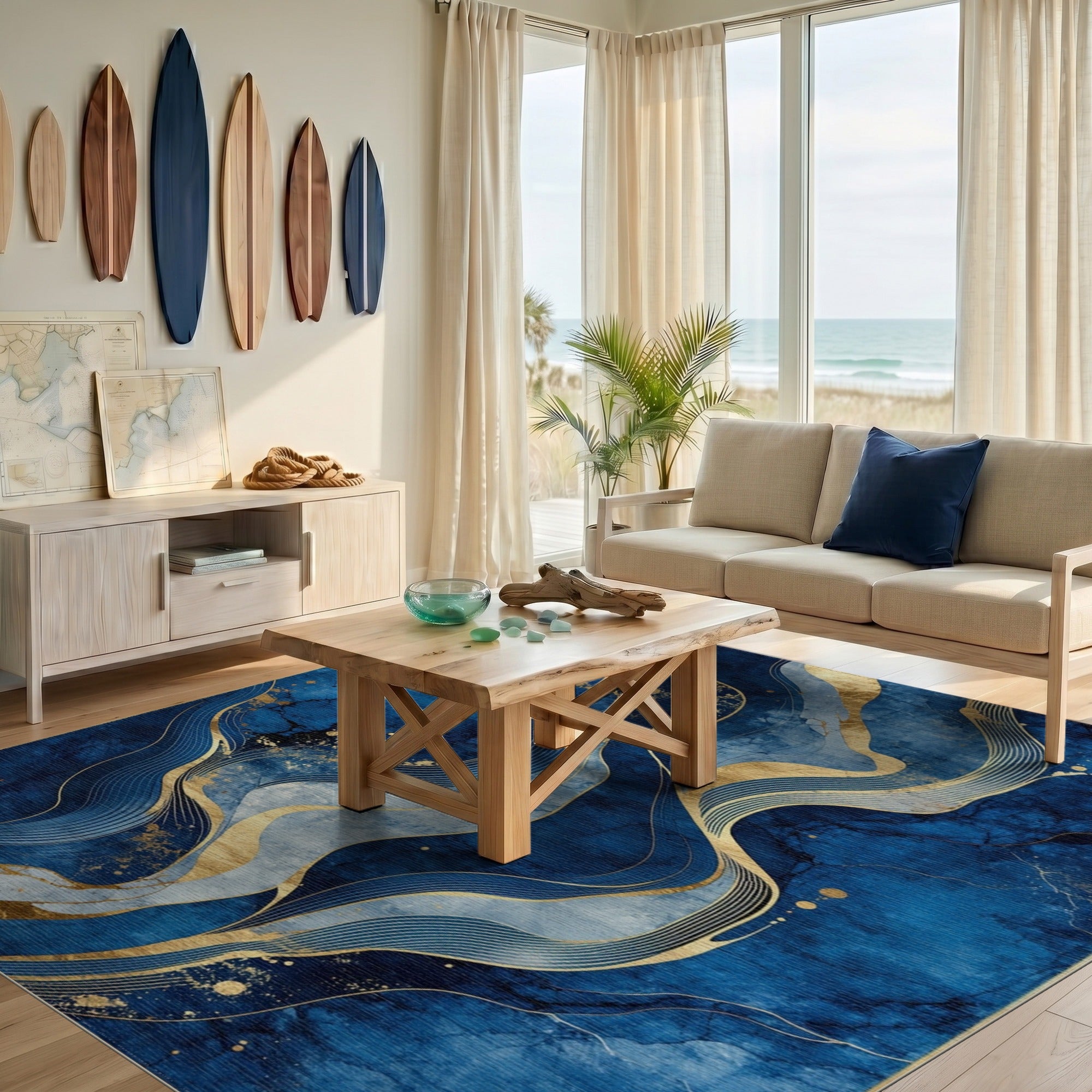 Abstract Navy Blue Gold Wave Area Rug