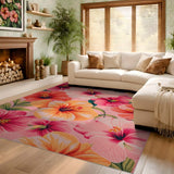 ODIKA Tropical Hibiscus Washable Area Rug - Pink & Orange Floral Low Pile