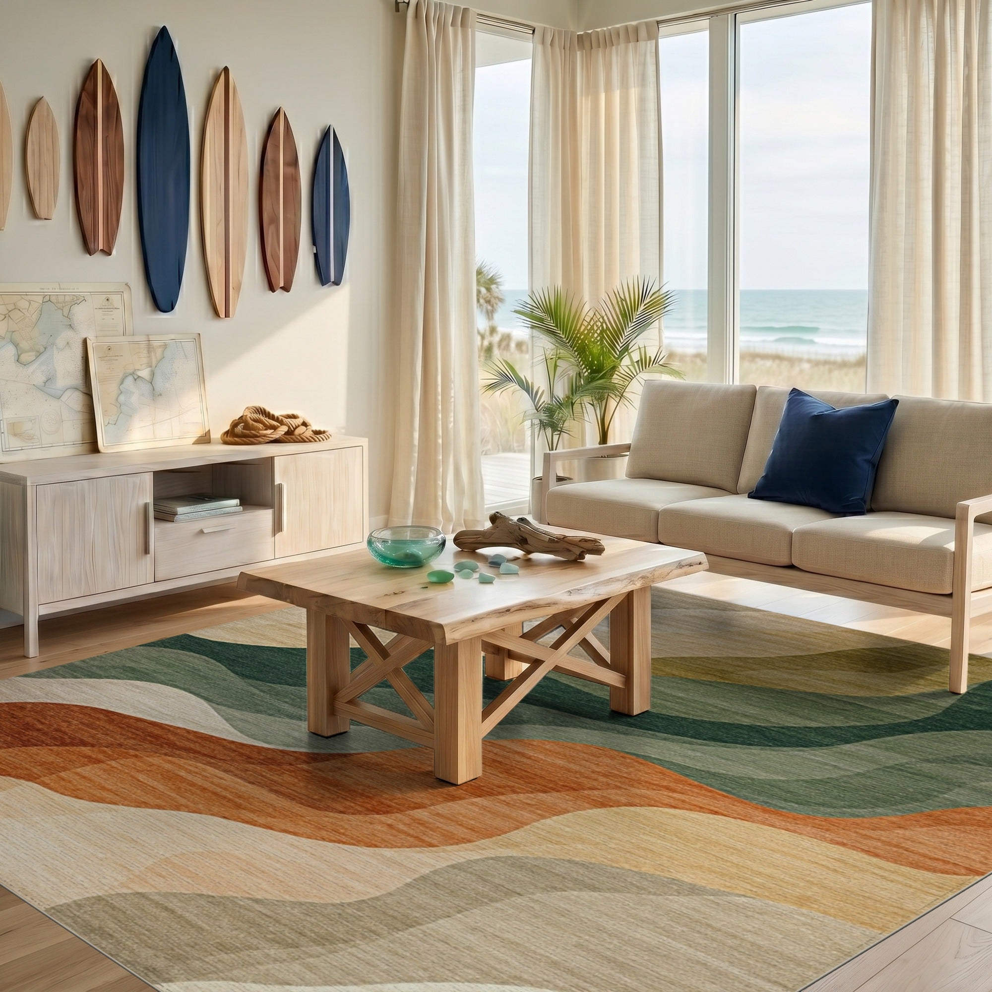 Washable Abstract Wavy Area Rug - Green & Earth Tones, Non-Slip Low Pile