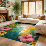 ODIKA Tropical Hibiscus Washable Rug - Pink & Teal Palm Leaf Low Pile Non-Slip Area Rug
