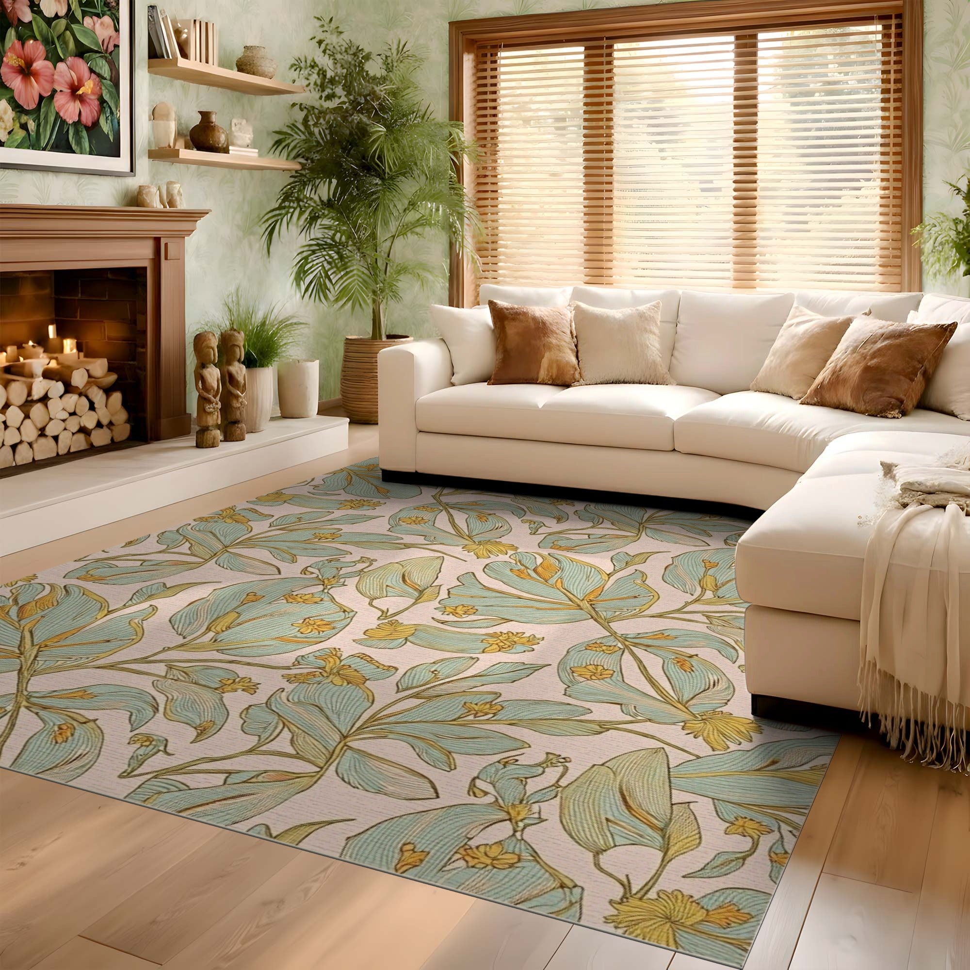 ODIKA Vintage Botanical Washable Area Rug - Sage Green & Blush Pink Low Pile Non-Slip Floral Rug