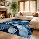 ODIKA Navy Blue Tropical Palm Leaf Washable Area Rug, Low Pile Non-Slip Botanical Rug