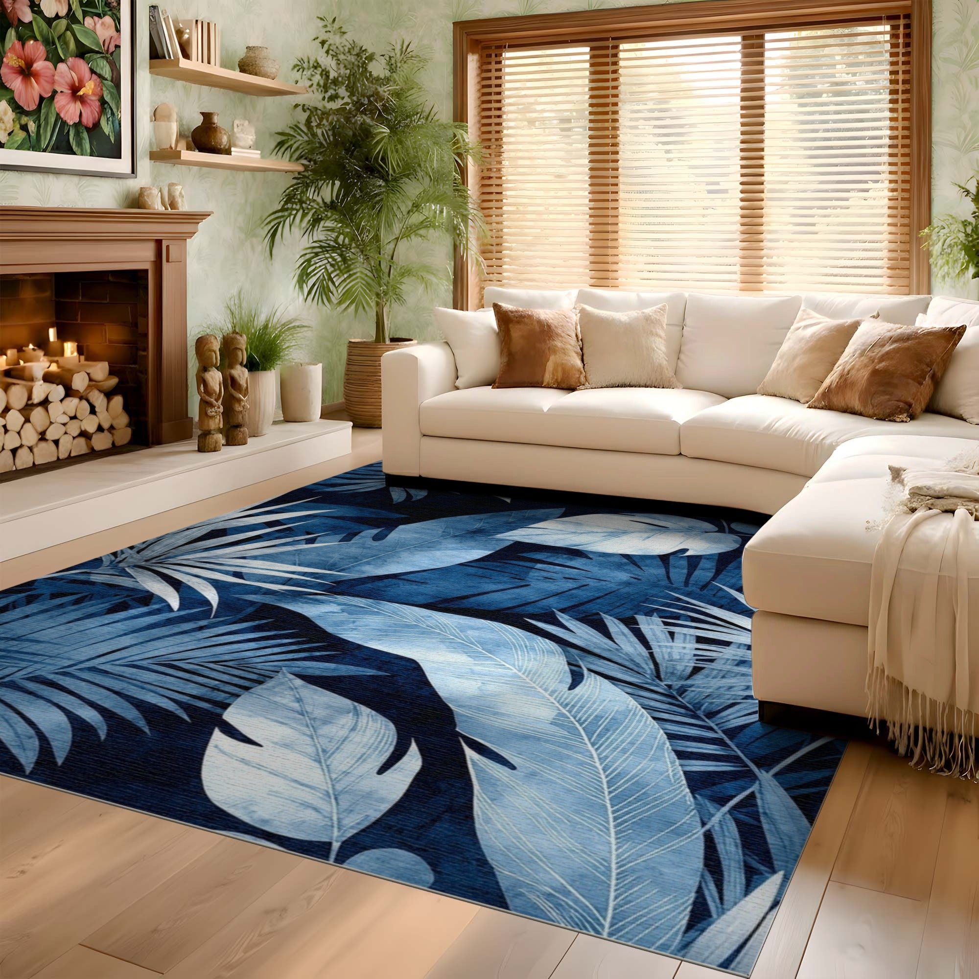 ODIKA Navy Blue Tropical Palm Leaf Washable Area Rug, Low Pile Non-Slip Botanical Rug