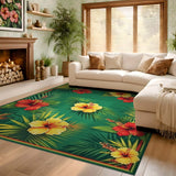 ODIKA Tropical Hibiscus Floral Washable Area Rug - Low Pile Non-Slip Carpet