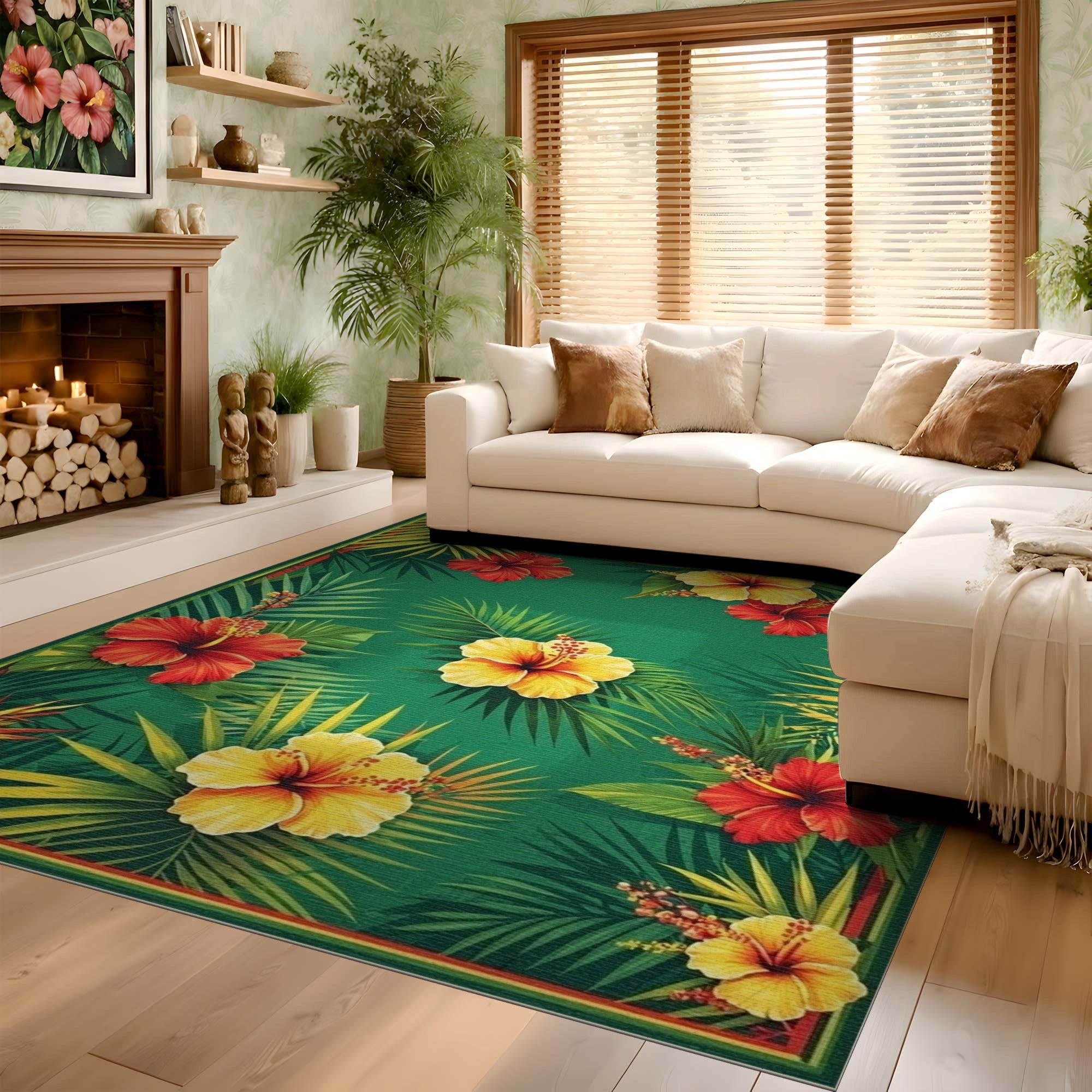 ODIKA Tropical Hibiscus Floral Washable Area Rug - Low Pile Non-Slip Carpet
