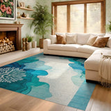 ODIKA Washable Ocean Abstract Coral Teal Area Rug - Non-Slip Low Pile