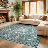 ODIKA Teal Botanical Washable Area Rug - Low Pile Non-Slip Pet & Kid Friendly