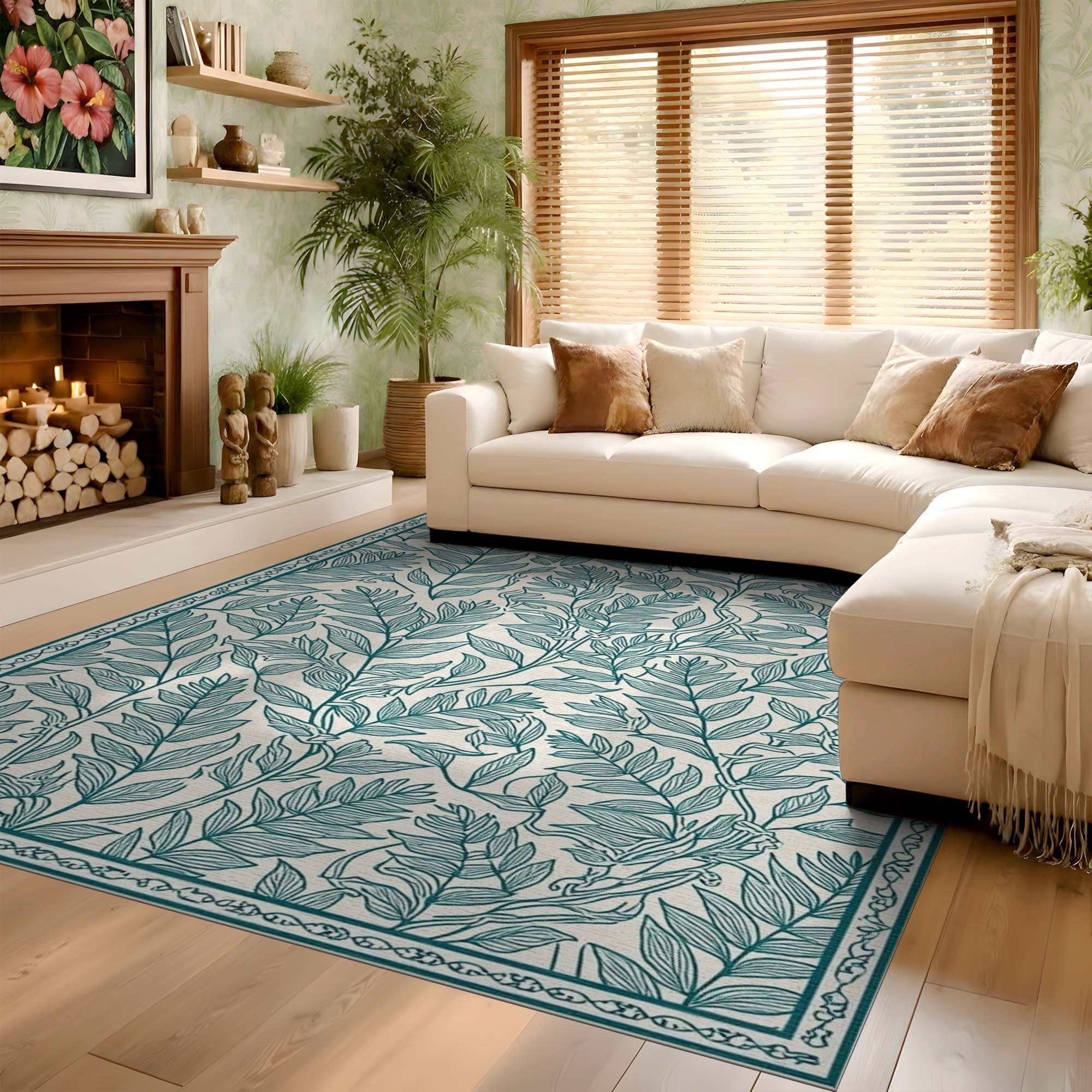 ODIKA Teal Botanical Washable Area Rug - Low Pile Non-Slip Pet & Kid Friendly