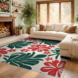ODIKA Tropical Floral Red & Green Washable Area Rug - Low Pile Non-Slip Pet & Kid Friendly Carpet