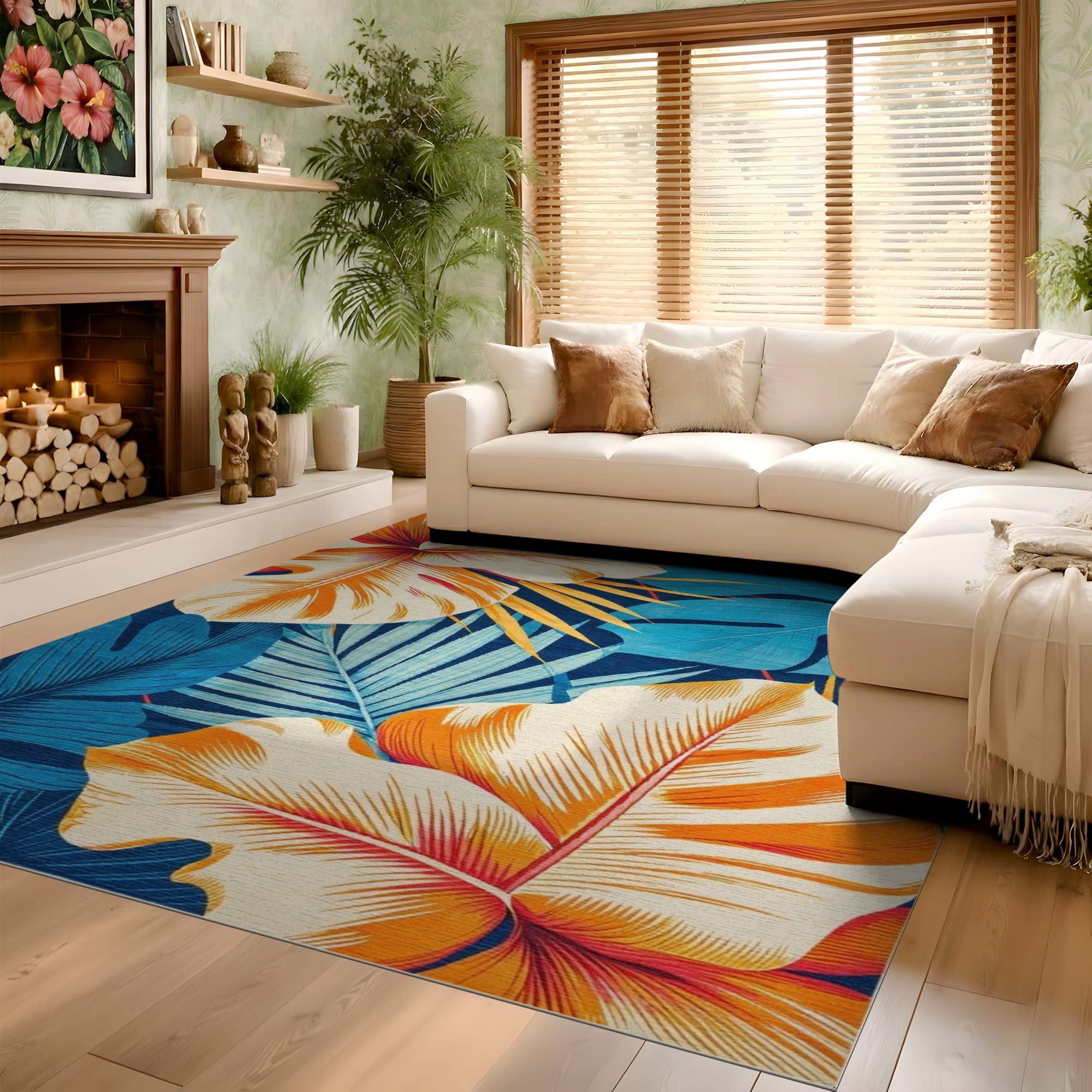 ODIKA Washable Tropical Monstera Leaf Rug - Non-Slip Low Pile Area Rug
