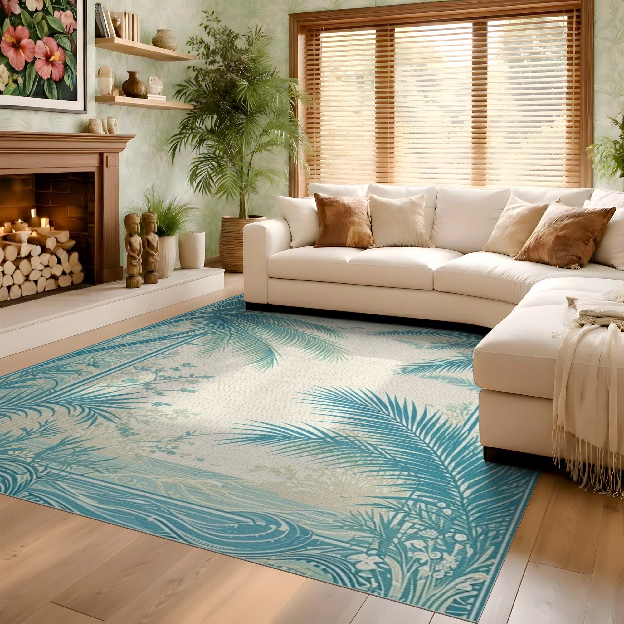 Washable Tropical Palm Tree Area Rug - Teal & Cream Coastal Low Pile Non-Slip Rug
