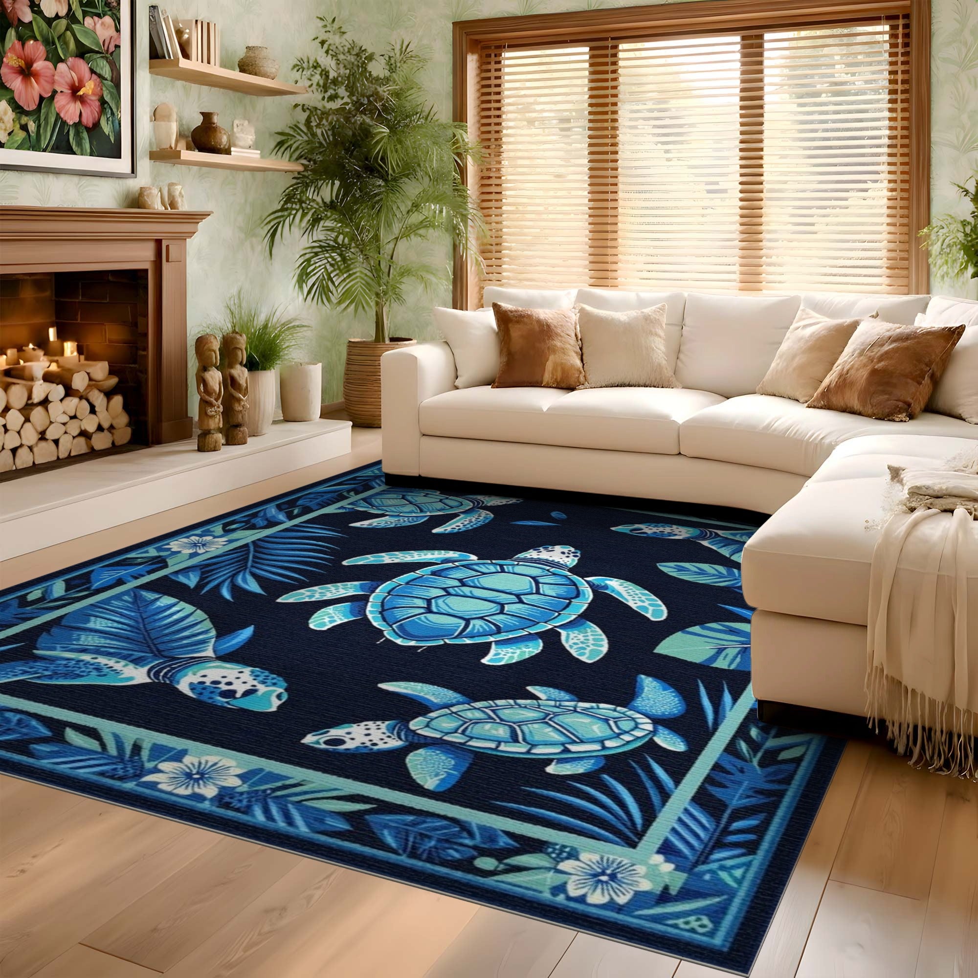 ODIKA Blue Sea Turtle Washable Area Rug - Low Pile Non-Slip Coastal Decor