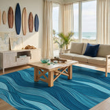 Blue and Teal Blue Ocean Waves Coastal Area Rug