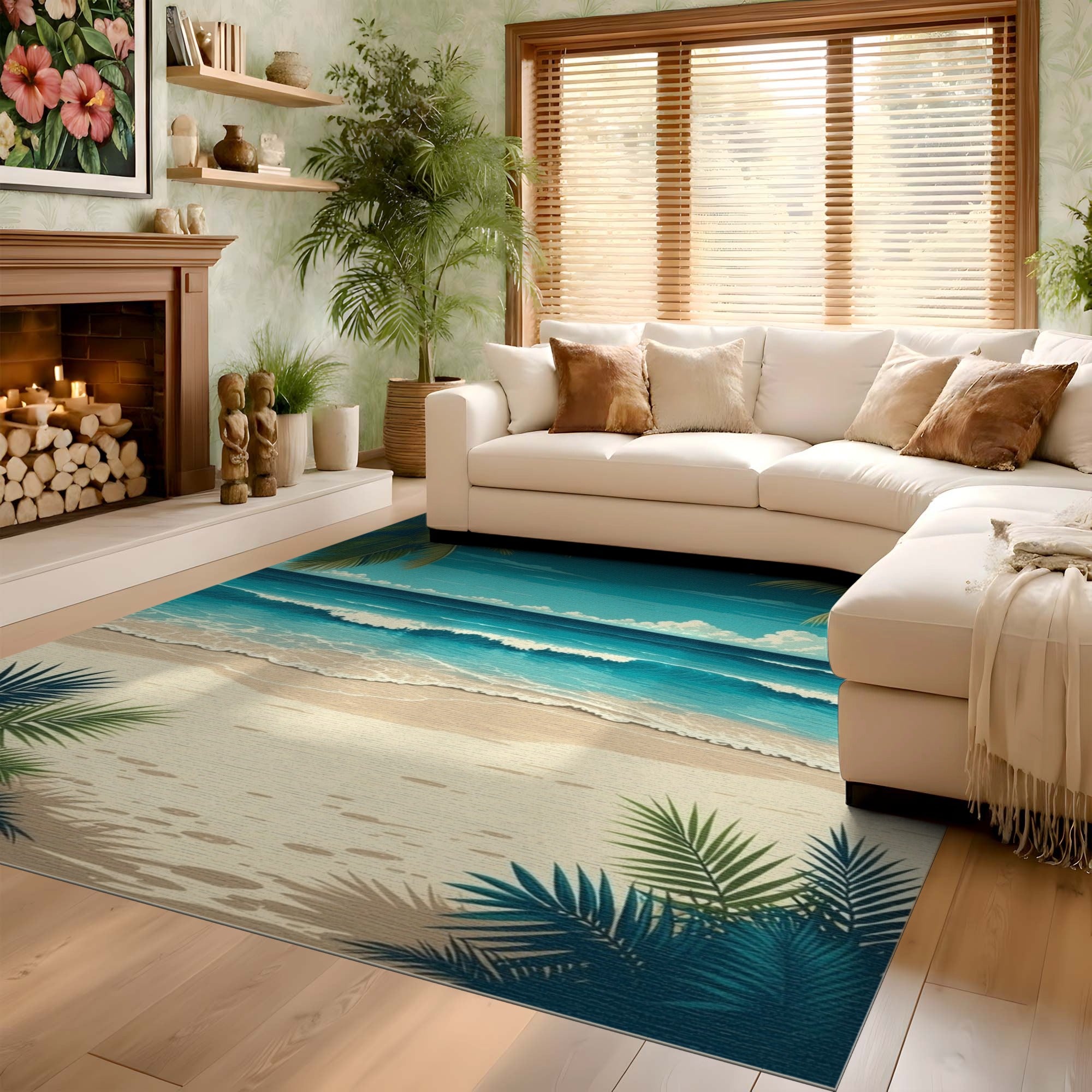 ODIKA Tropical Beach Washable Rug - Coastal Ocean Scene Low Pile Non-Slip Area Carpet