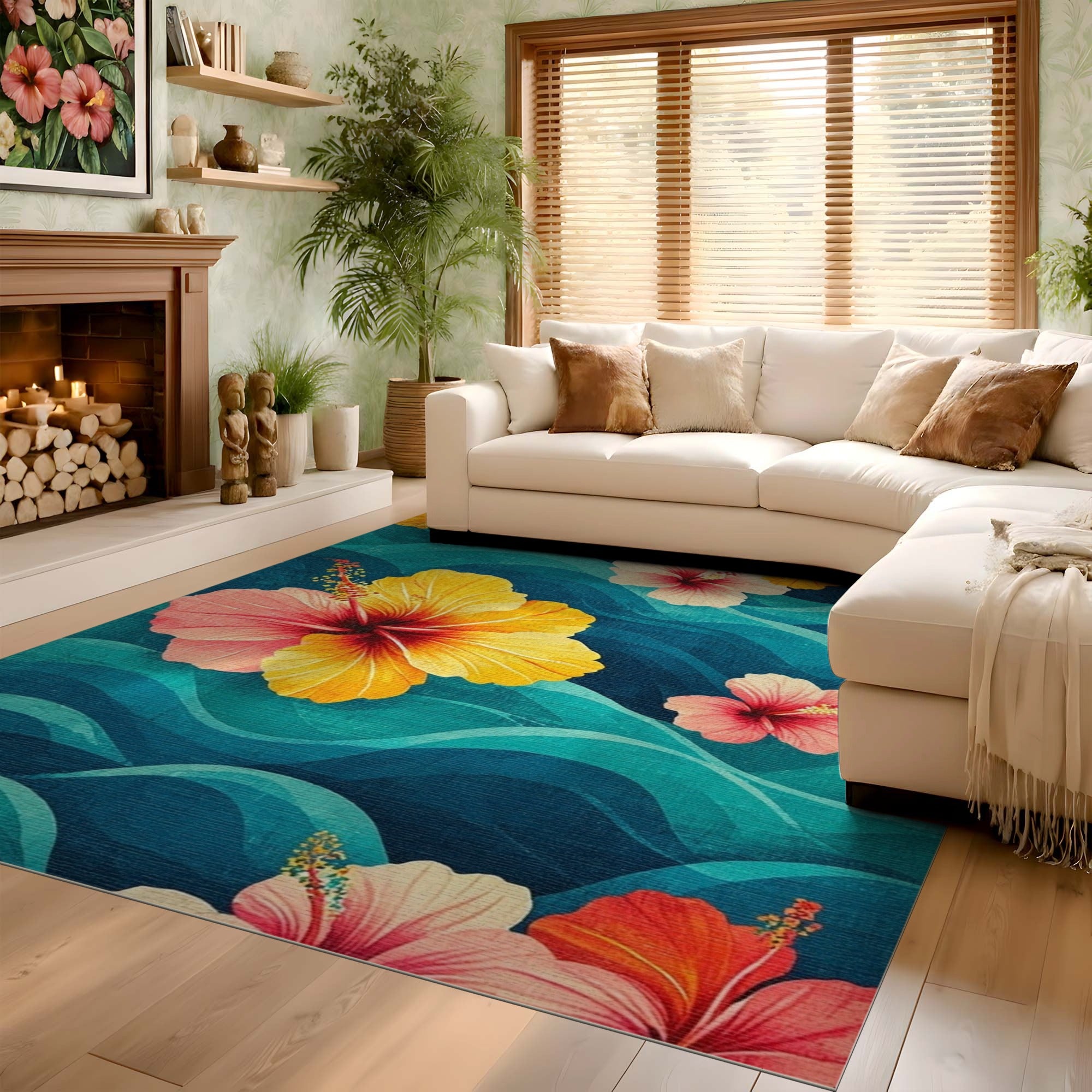 Washable Tropical Hibiscus Floral Area Rug - Teal Blue Ocean Wave, Low Pile & Non-Slip