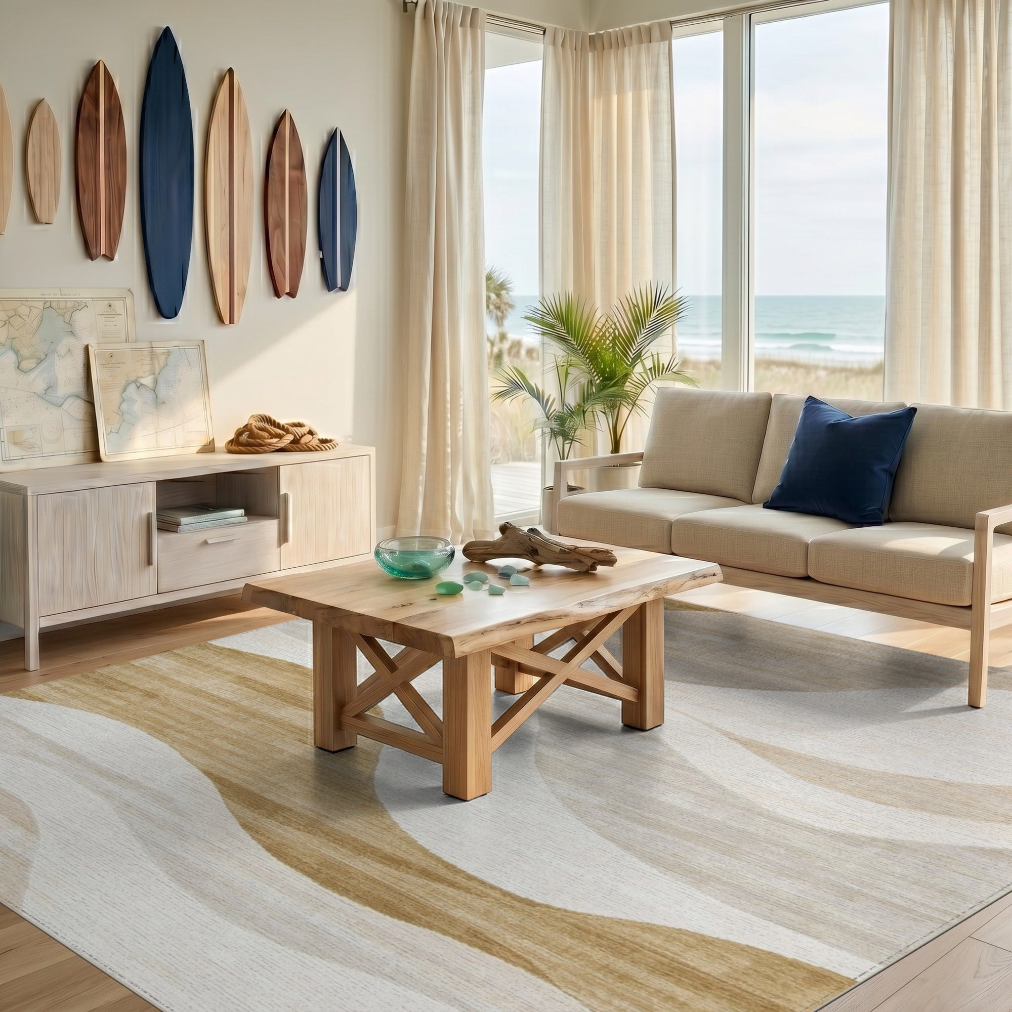 Beige and Neutral Abstract Wavy Beige Neutral Area Rug