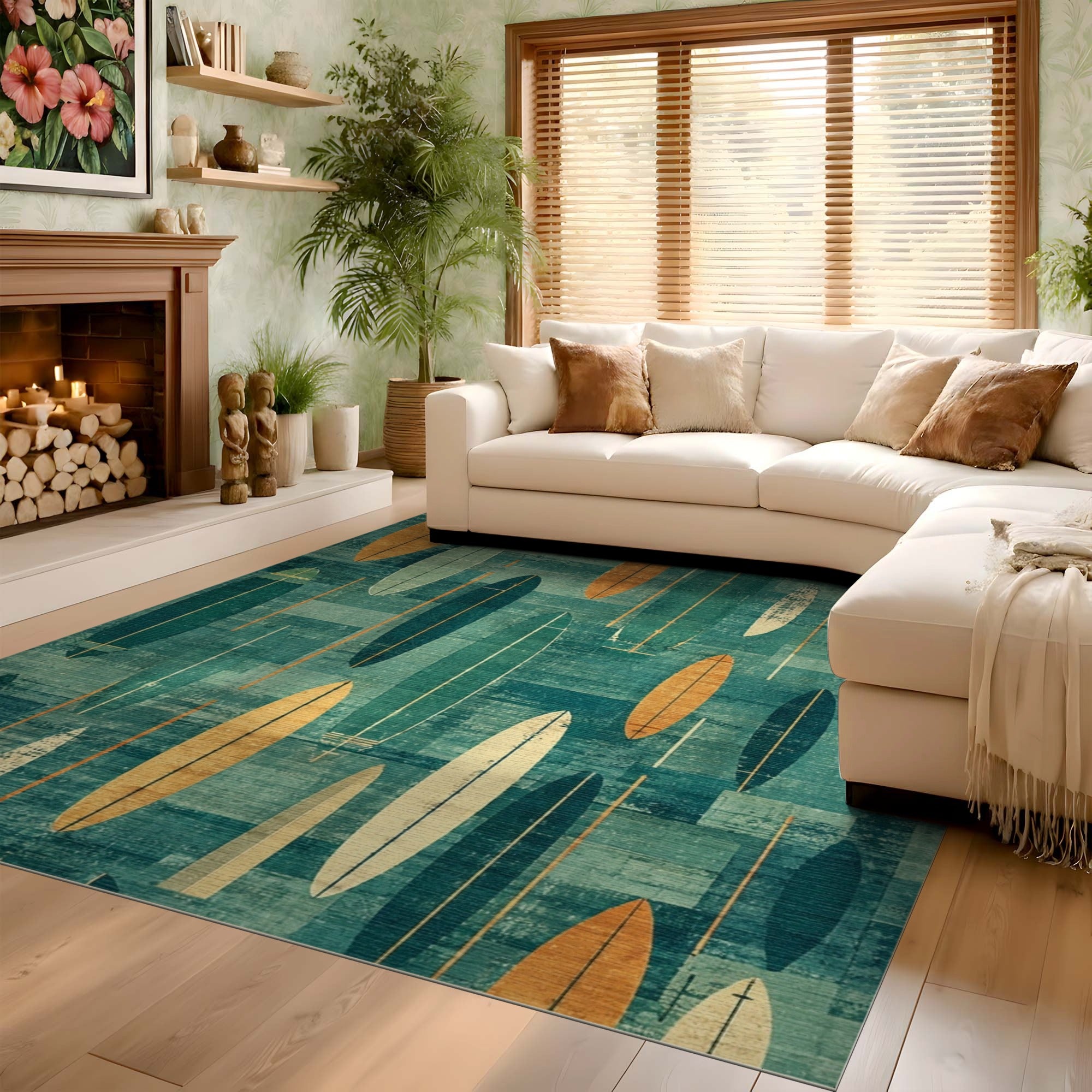 ODIKA Mid-Century Modern Surfboard Washable Area Rug - Teal & Orange Retro Abstract Low Pile Rug
