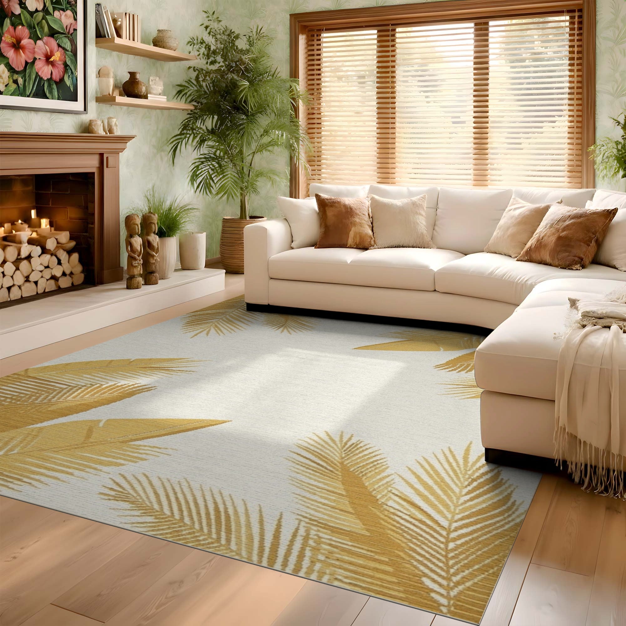 ODIKA Modern Tropical Gold Palm Leaf Washable Rug - Low Pile Non-Slip Area Rug