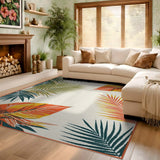 ODIKA Tropical Palm Leaf Washable Rug - Orange & Teal Low Pile Non-Slip Area Rug