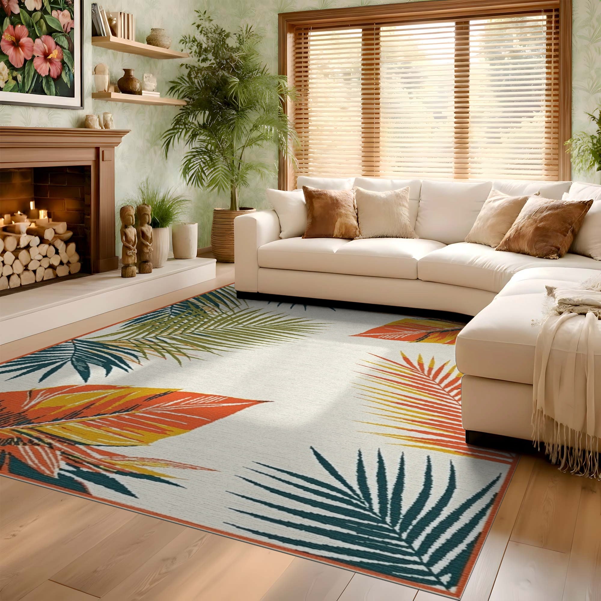 ODIKA Tropical Palm Leaf Washable Rug - Orange & Teal Low Pile Non-Slip Area Rug