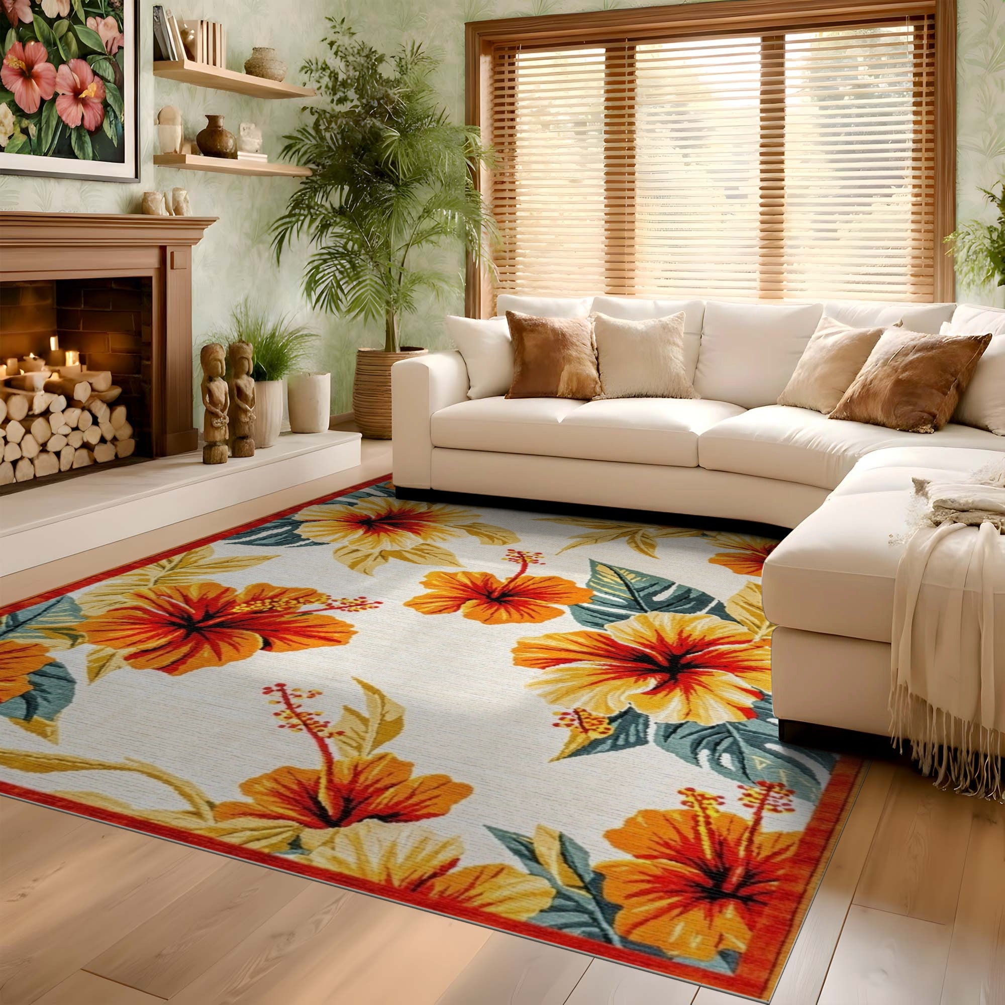 ODIKA Tropical Hibiscus Washable Area Rug - Low Pile Orange Floral Non-Slip Rug