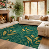 ODIKA Emerald Green and Gold Botanical Leaf Washable Area Rug - Low Pile & Non-Slip