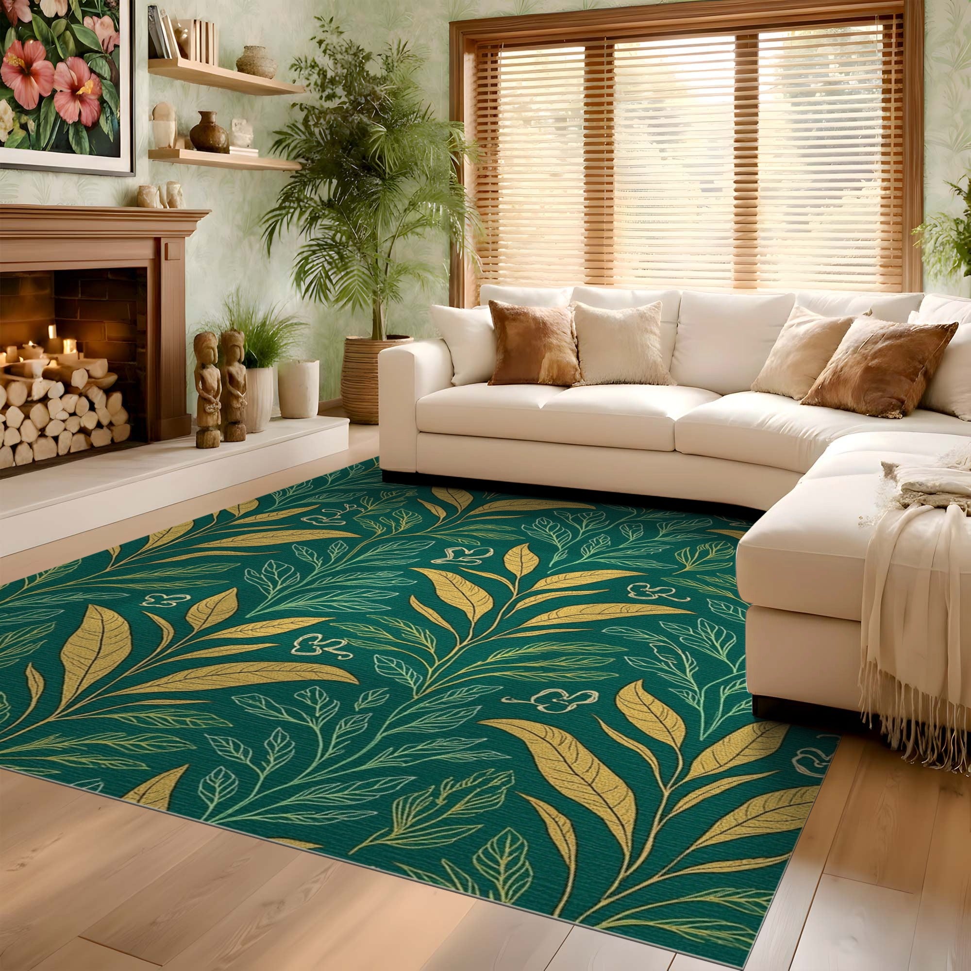 ODIKA Emerald Green and Gold Botanical Leaf Washable Area Rug - Low Pile & Non-Slip