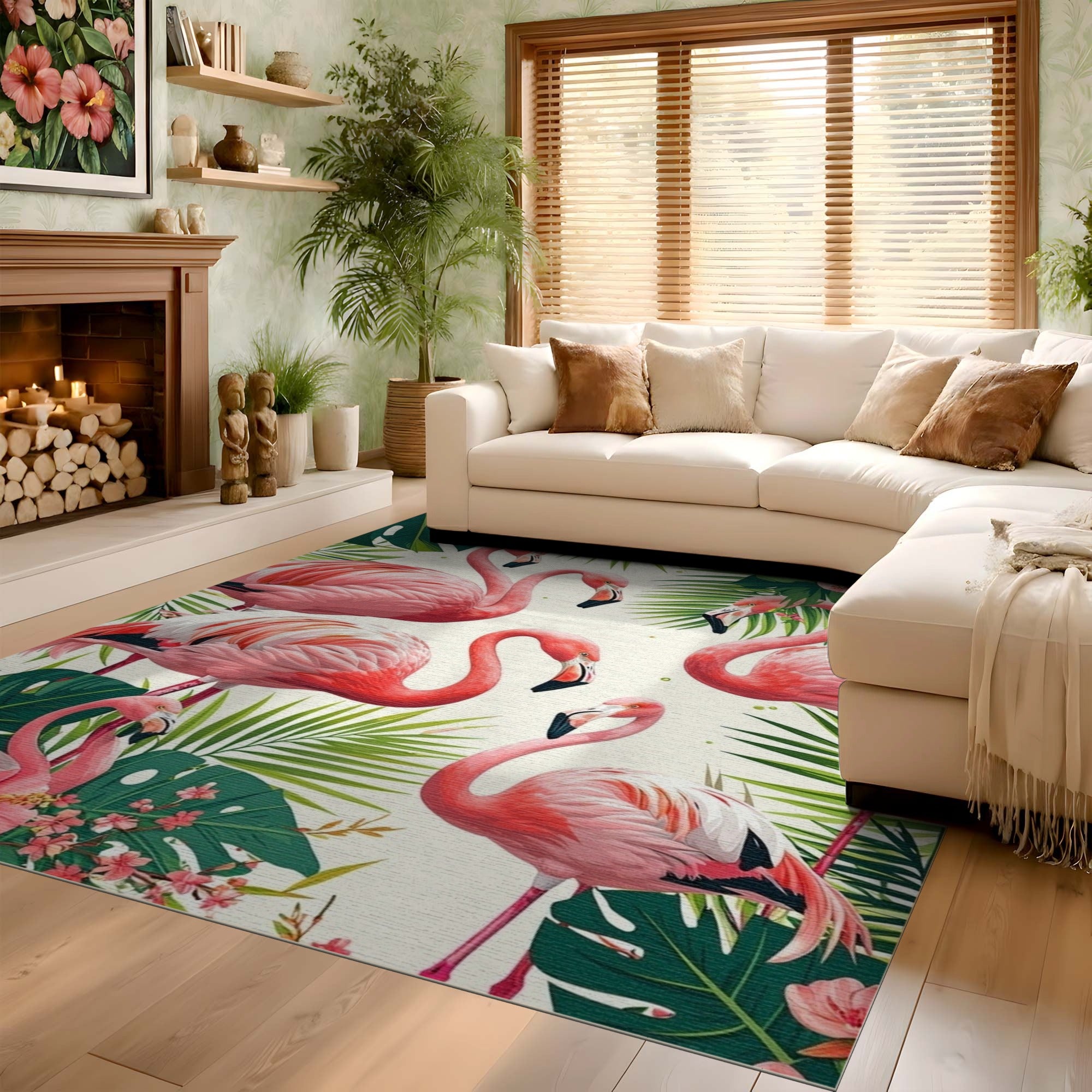 Washable Tropical Botanical Pink Flamingo Area Rug - Low Pile & Non-Slip