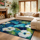 ODIKA Washable Tropical Blue Monstera Leaf & Hibiscus Rug - Low Pile Non-Slip Pet Friendly Area Rug