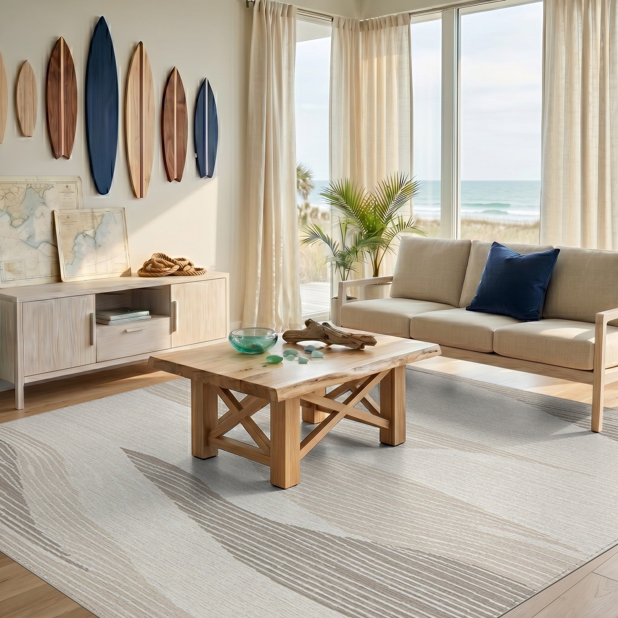 Wavy Beige and Neutral Beige Wavy Abstract Area Rug