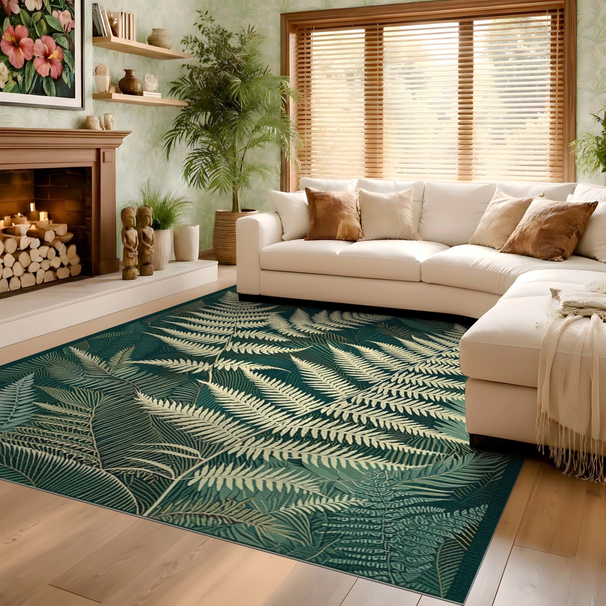 ODIKA Washable Forest Green Fern Botanical Low Pile Area Rug