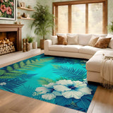 ODIKA Washable Tropical Botanical Teal Area Rug - Low Pile & Non-Slip Floral Rug