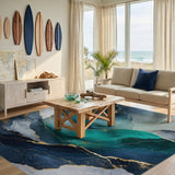 Blue Teal Gold Marble Flow Area Rug