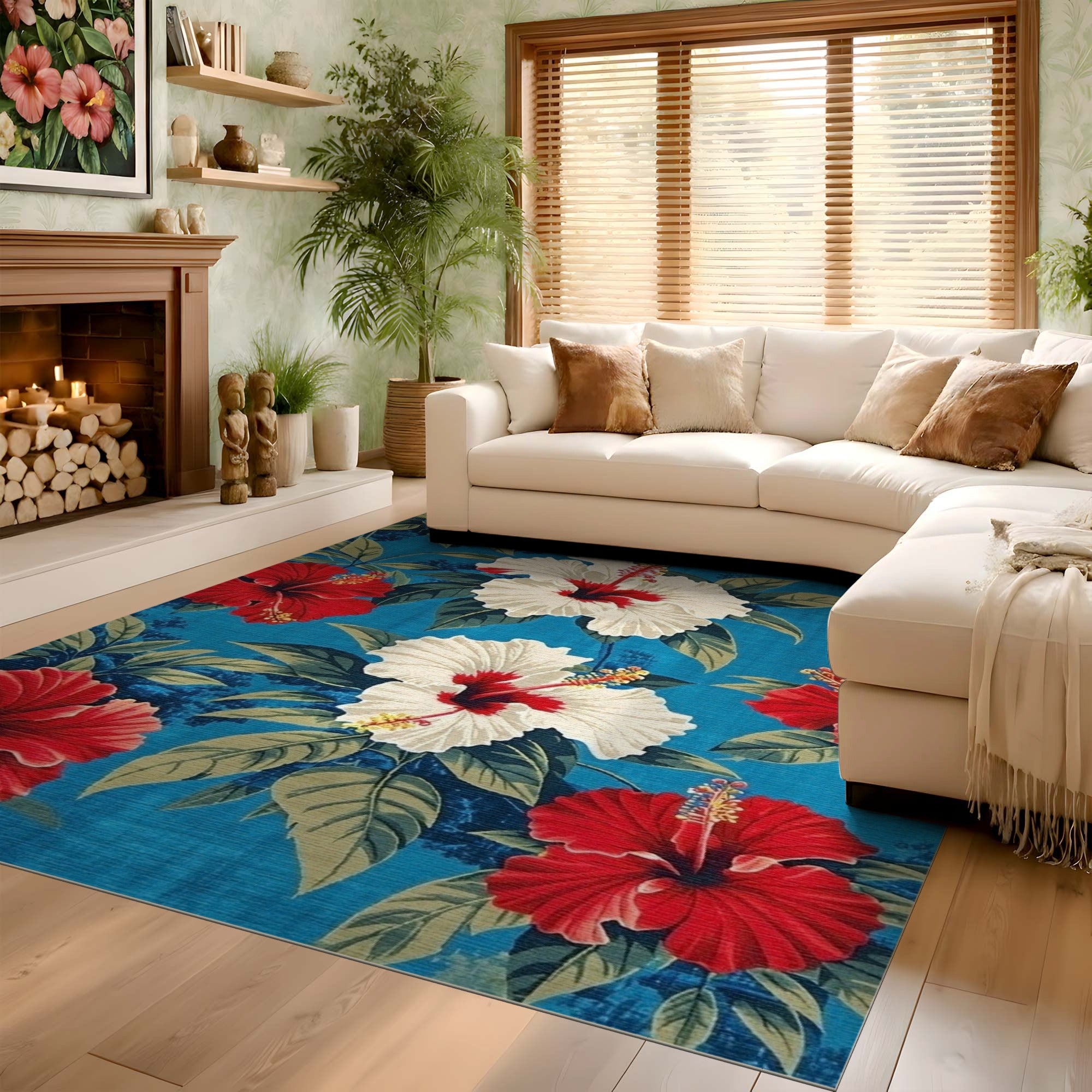 ODIKA Washable Tropical Hibiscus Floral Area Rug - Non-Slip Low Pile