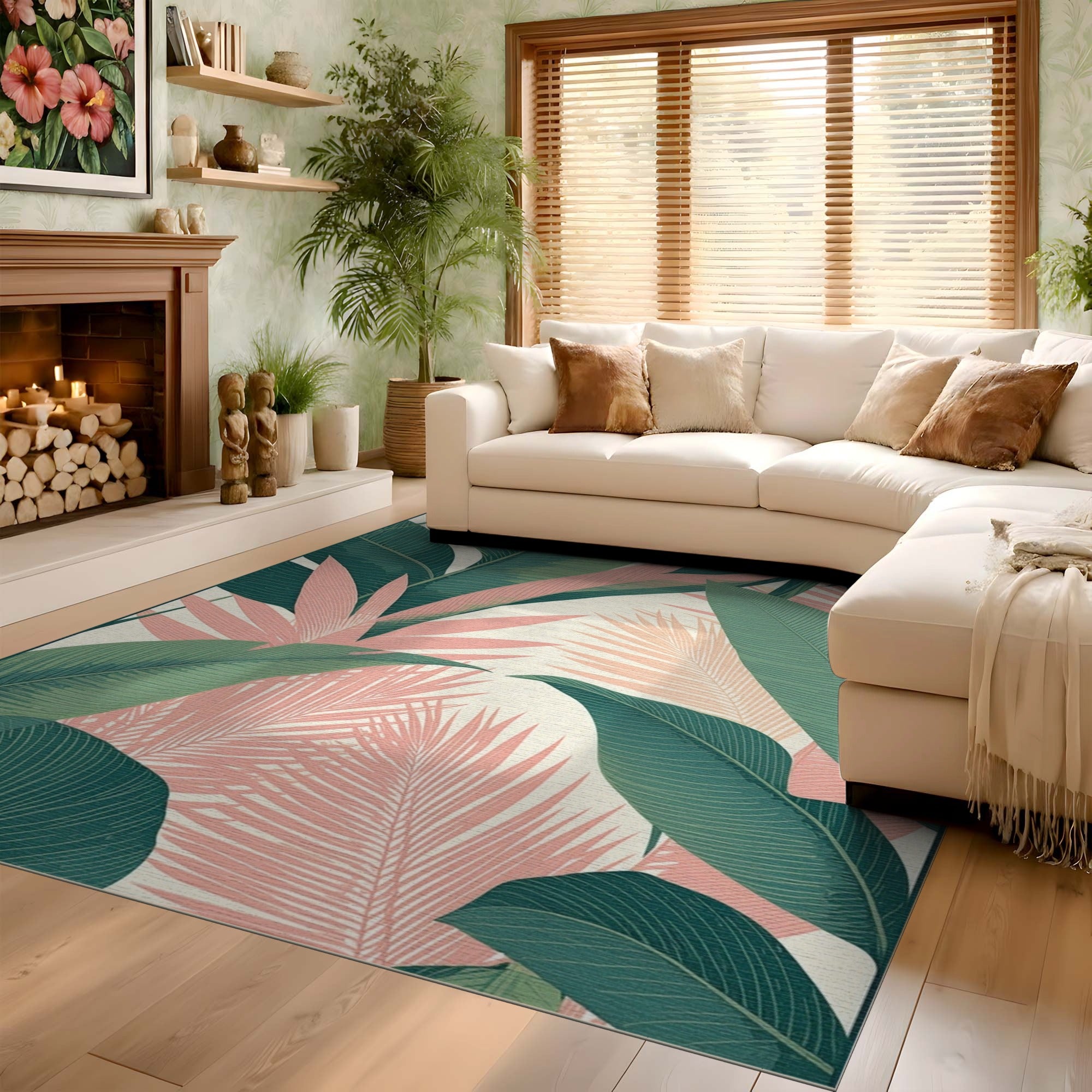 ODIKA Washable Tropical Pink & Green Palm Leaf Low Pile Area Rug
