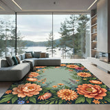 Vibrant Coral Floral Swirl Border Rug
